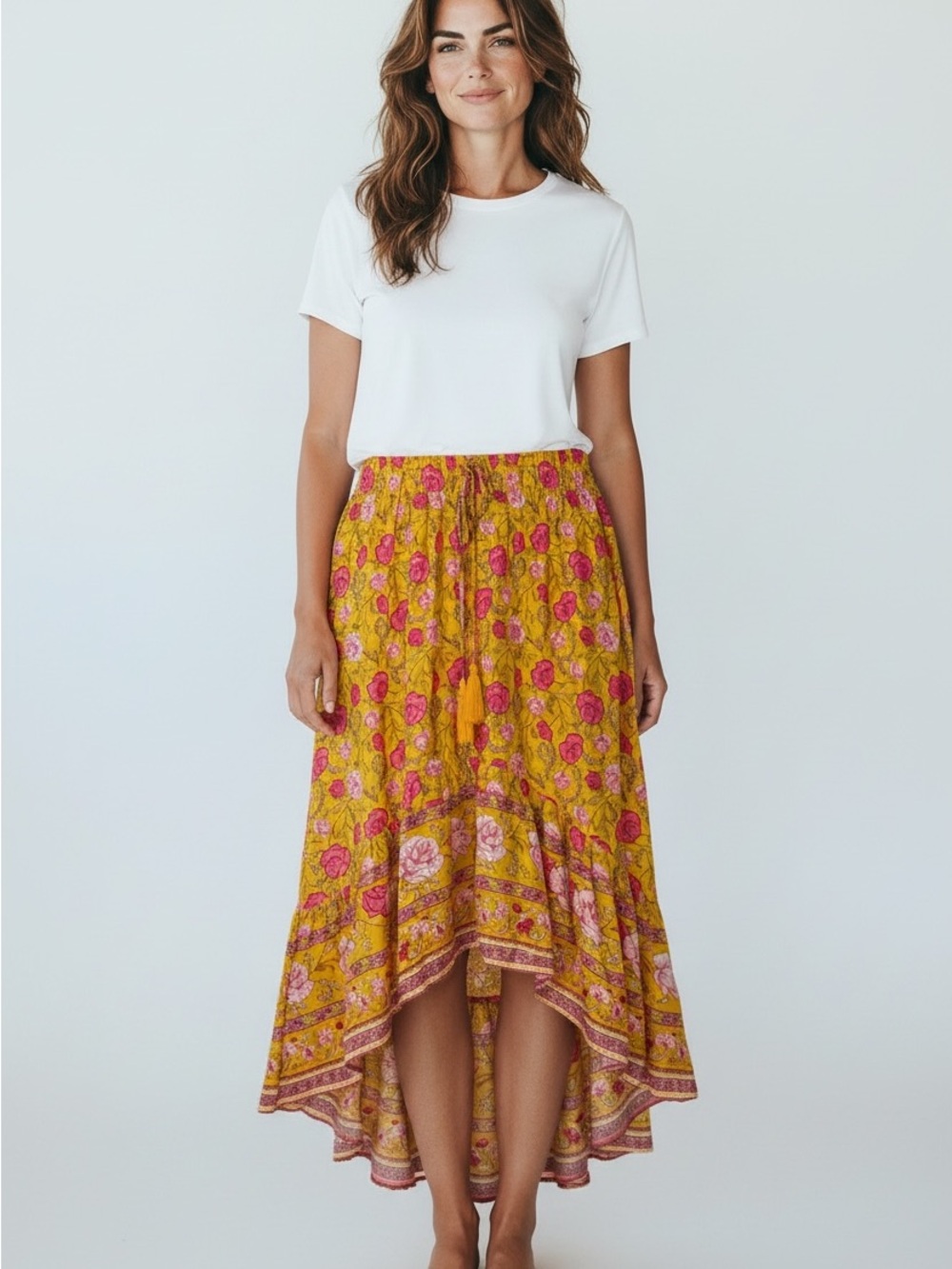 Umgee Hi/Low Floral Midi Skirt Ruffle Yellow Pink Size Small NEW